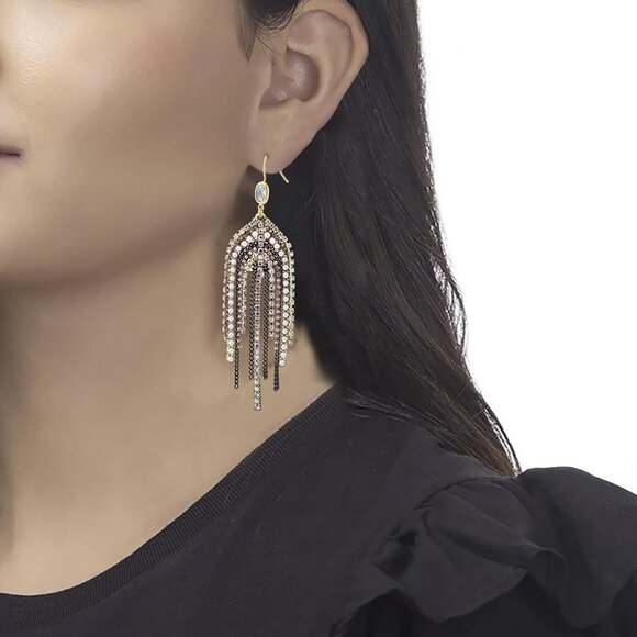 Boho Fringe Tassel Earrings for Women, Beaded CZ Pearl Dangle Wedding Jewelry - Picture 2 of 6